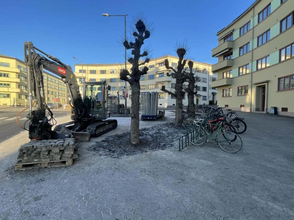 gravemaskin og tr&aelig;r p&aring; Martinus L&oslash;vdahls plass p&aring; Bislett