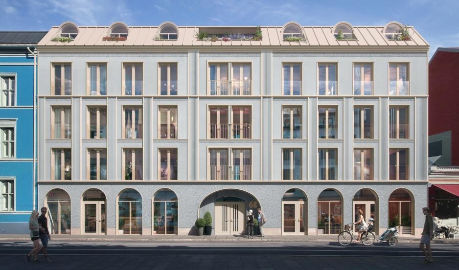 Fasaden illustrert av Akset&oslash;y arkitekter