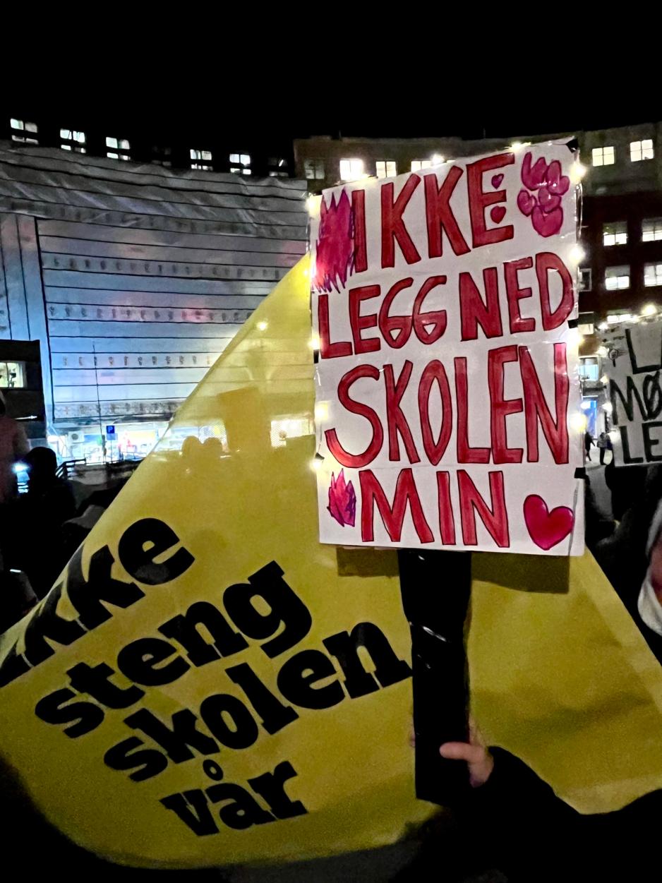 Skilt Demonstrasjon R&aring;dhuset Skolebehovsplanen