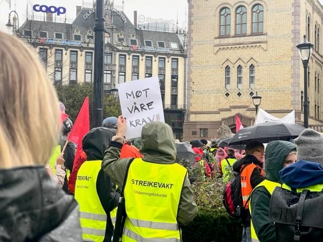 Demonstranter st&aring;r med ryggen til, og vi ser en plakat det st&aring;r "m&oslash;t v&aring;re krav" p&aring;.