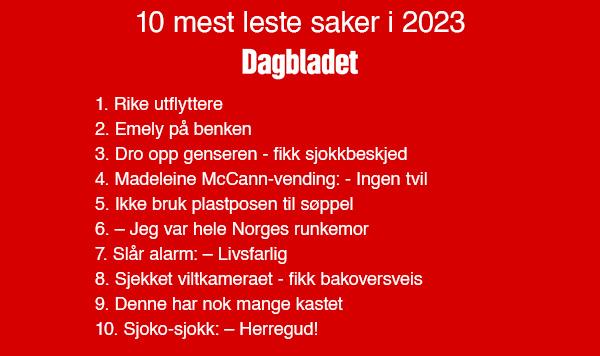 En r&oslash;d bakgrunn med hvit tekst. Teksten sier: 10 mest leste saker i 2023 fra Dagbladet. Videre st&aring;r en liste med titlene p&aring; alle de ti sakene.