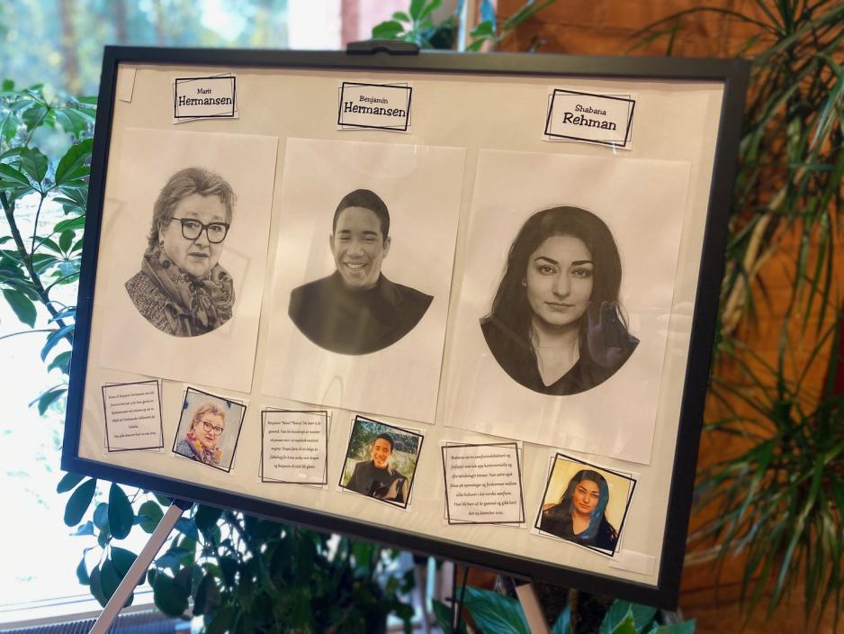 Portrettegninger av Marit Hermansen, Benjamin Hermansen og Shabana Rehman