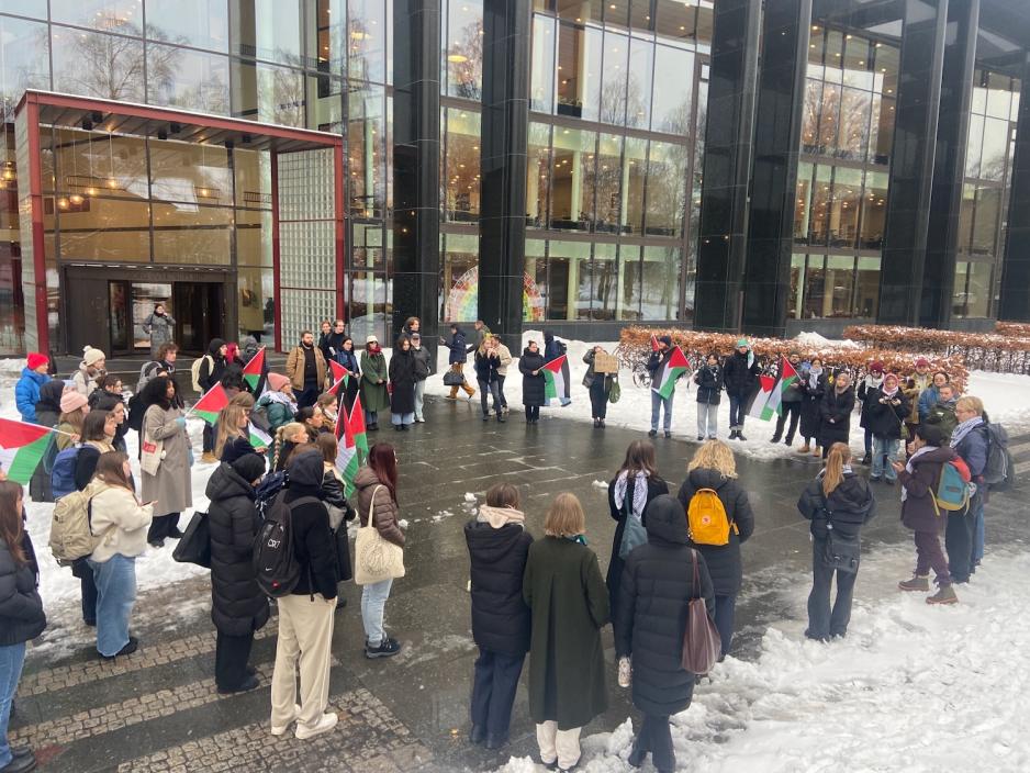 Et oversiktsbilde av alle demonstrantene utenfor Georg Sverdrups hus. Flere har flagg, og man st&aring;r formet som en sirkel.