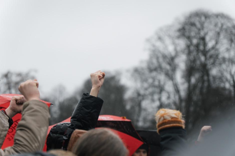 Demonstrerende hender i v&aelig;ret p&aring; Fosen-demonstrasjon
