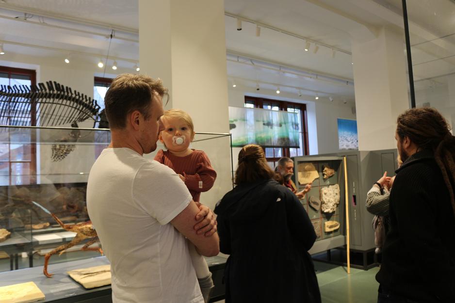 Et nysgjerrig barn sitter p&aring; armen til far p&aring; omvisning p&aring; Naturhistorisk museum.