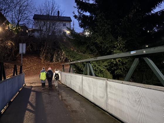 Tre barn g&aring;ende over en bro