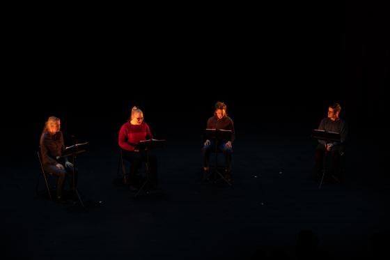 Lone Klein, Heta Kerokoski, Cecilie Solberg Knudsr&oslash;d og Erlend R&oslash;dal Vikhagen sitter p&aring; en m&oslash;rk scene i halvsirkel
