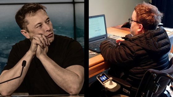 Et bilde satt sammen av to separate bilder. Et bilde av Elon Musk til venstre, et bilde av H&aring;kon Bjar i rullestol til h&oslash;yre. 