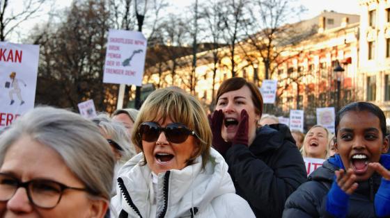 flere mennesker br&oslash;ler foran stortinget under demonstrasjon