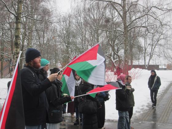 Flere personer er i bildet, p&aring; en uformell rekke. De holder palestinske flagg, og ser konsentrert til rett frem mot taleren. 