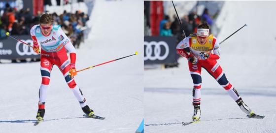 Johannes H&oslash;sflot Kl&aelig;bo og Maiken Caspersen Falla g&aring;r p&aring; ski.
