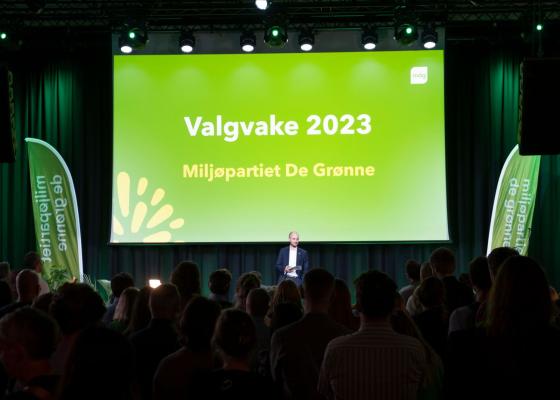 P&aring; bildet ser man publikum foran en scene og skjerm lyst opp med en gr&oslash;nn bakgrunn og MDGs logo