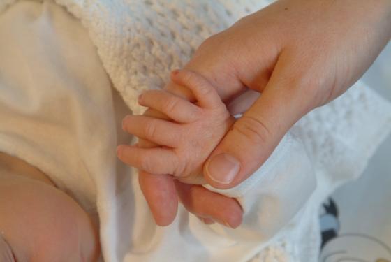 Nyf&oslash;dt baby holder fingeren til moren. 