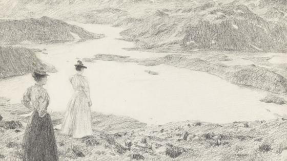 tegning av to kvinner p&aring; fjellet