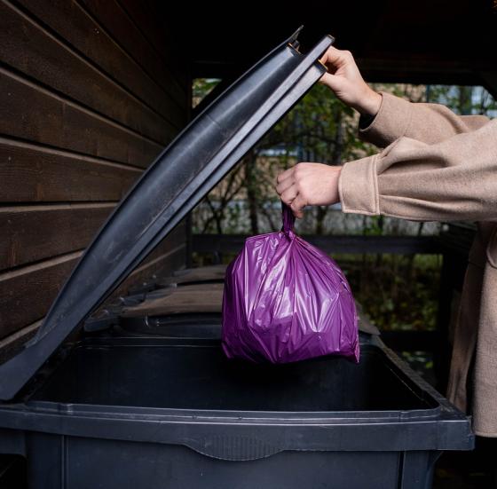 Lilla avfallspose og s&oslash;ppeldunk