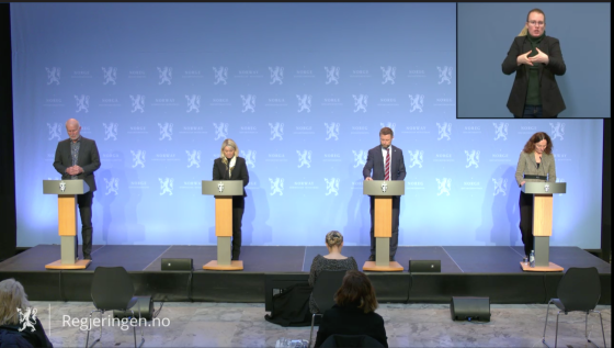 Pressekonferanse om koronasituasjonen med Bj&oslash;rn Guldevog, Monica M&aelig;land, Bent H&oslash;ie og Camilla Stoltenberg. 