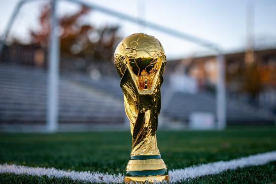VM-trofeet plassert p&aring; toppen av en av de hvite linjene p&aring; en fotballbane, med uklar bakgrunn.