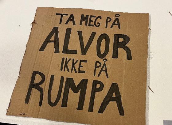 Bildet viser tursmarkert papp hvor det st&aring;r "Ta meg p&aring; alvor ikke p&aring; rumpa"