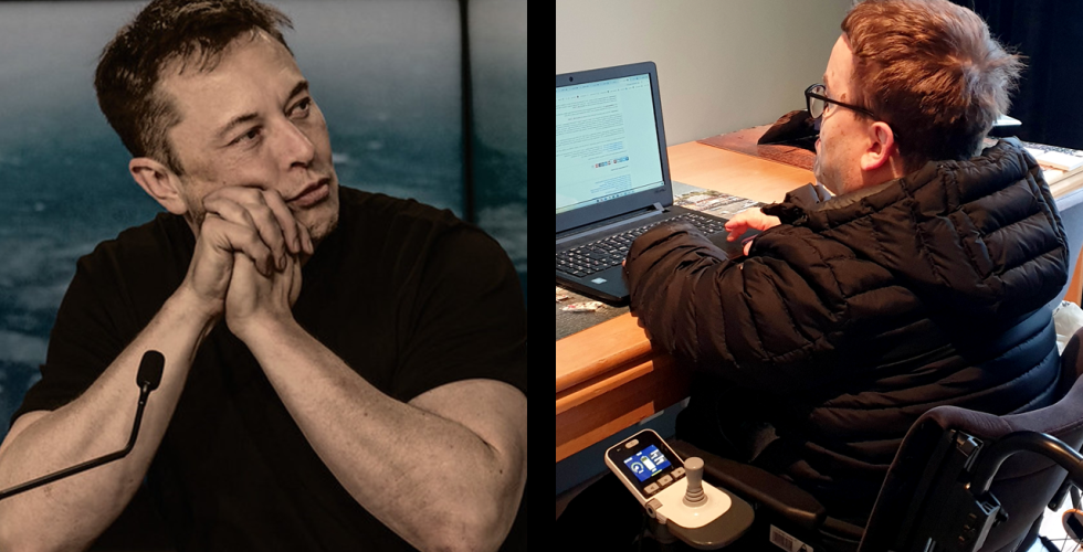Et bilde satt sammen av to separate bilder. Et bilde av Elon Musk til venstre, et bilde av H&aring;kon Bjar i rullestol til h&oslash;yre. 