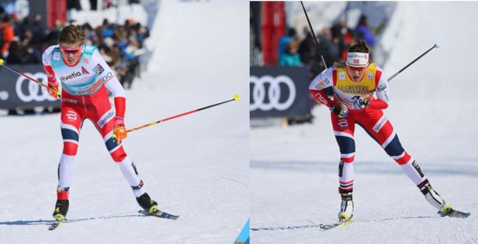 Johannes H&oslash;sflot Kl&aelig;bo og Maiken Caspersen Falla g&aring;r p&aring; ski.
