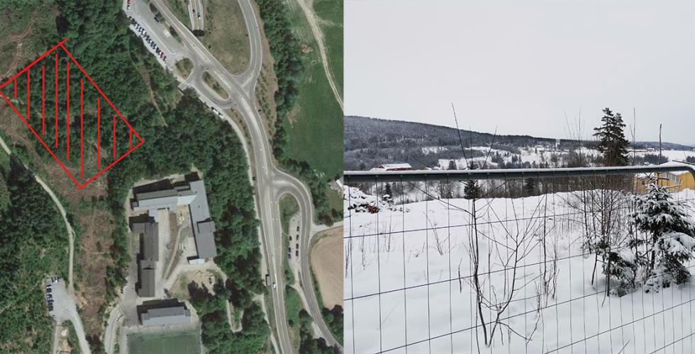 To bilder ved siden av hverandre. Til venstre er et satellittbilde av Slattum Skole med et skravert omr&aring;de der Slattumhallen skal ligge. Til h&oslash;yre er et bilde p&aring; bakkeniv&aring; med et gjerde i forgrunnen og et hogstfelt der hallen skal bygges.