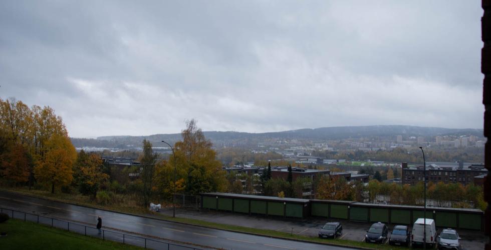 Bildet viser en utsikt p&aring; Linderud, med en vei langs bildet.